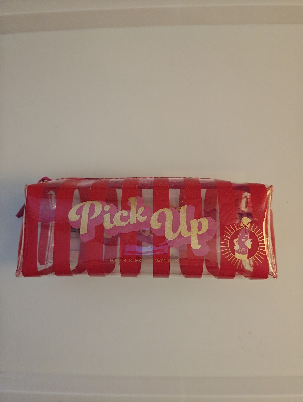 Bath & Body Works Clear Cosmetic Pouch with Hot Pink Stripes